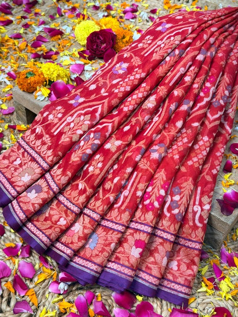 Red Banarasi cotton Jamdani handloom Saree