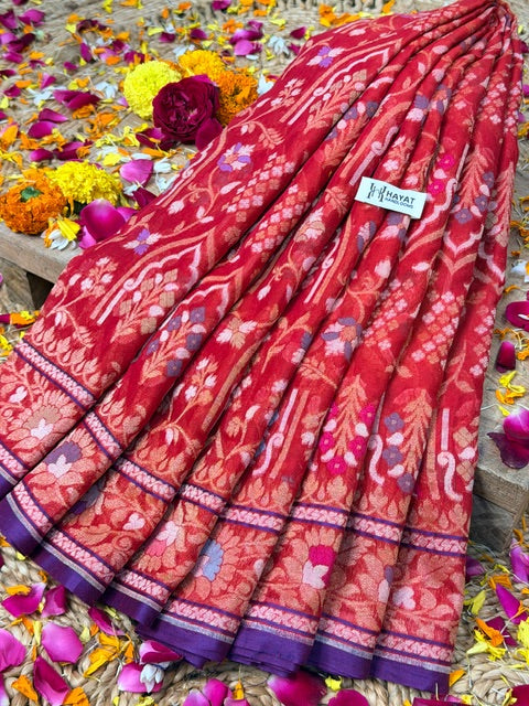 Red Banarasi cotton Jamdani handloom Saree