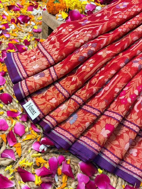 Red Banarasi cotton Jamdani handloom Saree