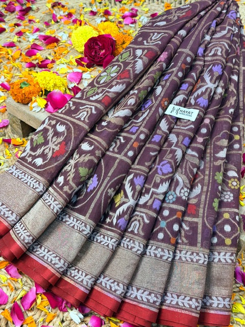 Coffee brown Banarasi cotton Jamdani handloom Saree