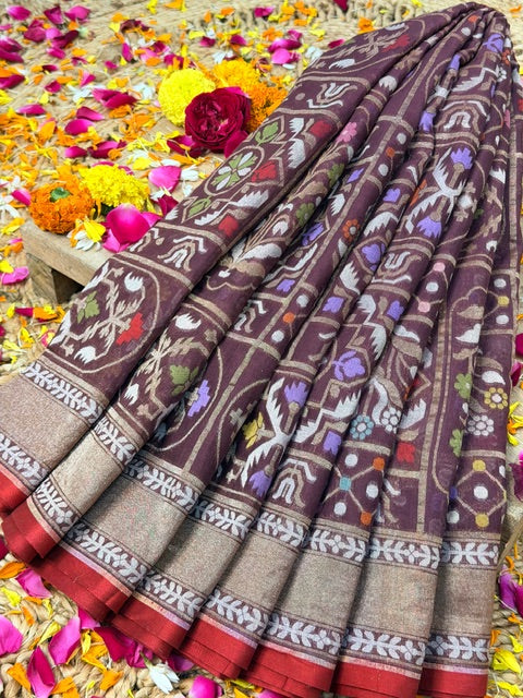 Coffee brown Banarasi cotton Jamdani handloom Saree