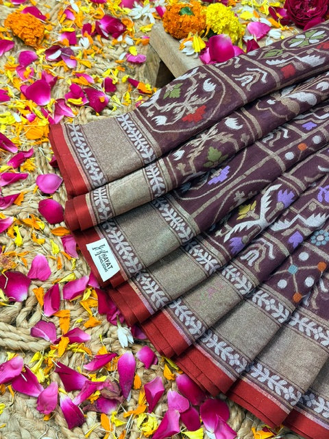 Coffee brown Banarasi cotton Jamdani handloom Saree