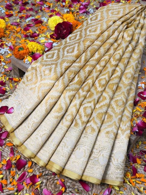 Cream Beige Pure kora tissue Handloom banarasi saree