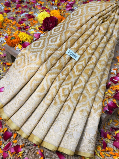 Cream Beige Pure kora tissue Handloom banarasi saree