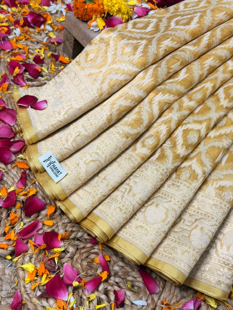 Cream Beige Pure kora tissue Handloom banarasi saree