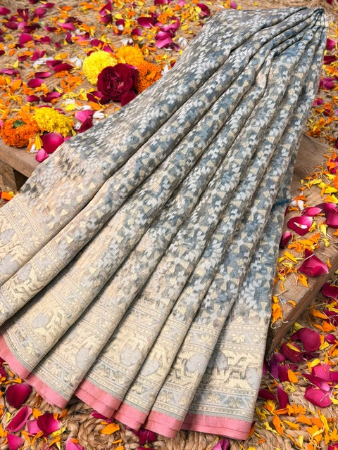 Sage Grey Pure kora tissue Handloom banarasi saree