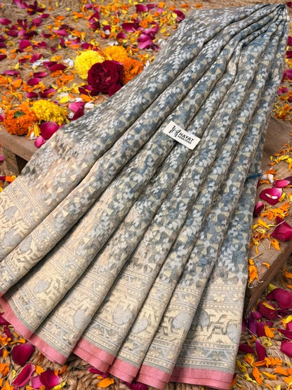 Sage Grey Pure kora tissue Handloom banarasi saree