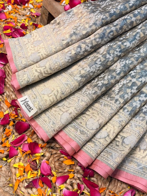 Sage Grey Pure kora tissue Handloom banarasi saree