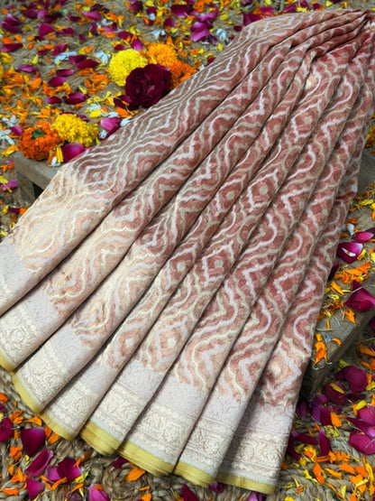 Rust Brown Pure kora tissue Handloom banarasi saree