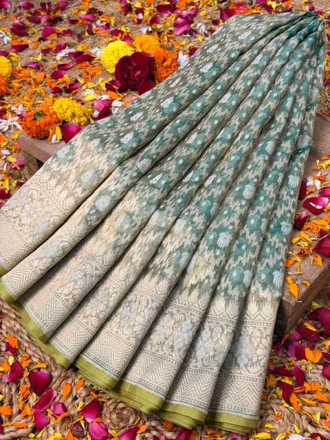 Sage Green Pure kora tissue Handloom banarasi saree