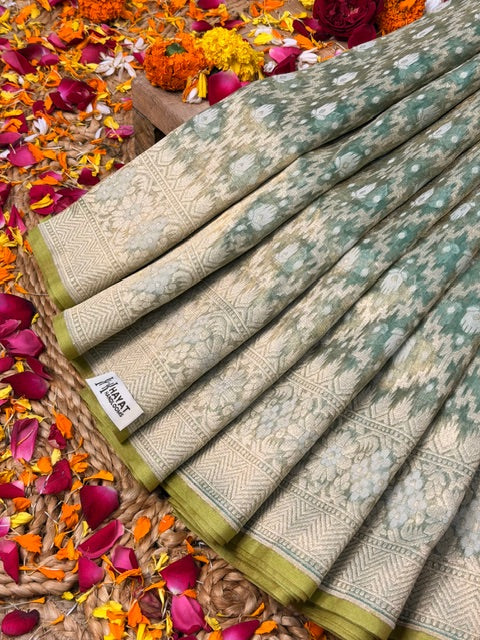 Sage Green Pure kora tissue Handloom banarasi saree