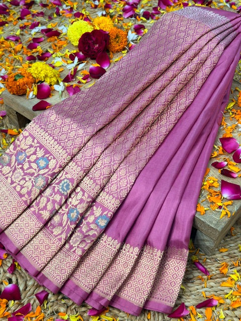 Dusty Rose Pink Pure katan silk handvowen banarasi saree