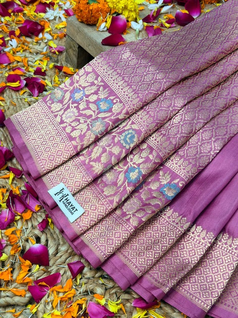 Dusty Rose Pink Pure katan silk handvowen banarasi saree