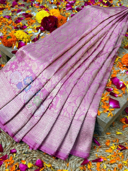 Dusty Rose Pink Pure katan silk handvowen banarasi saree