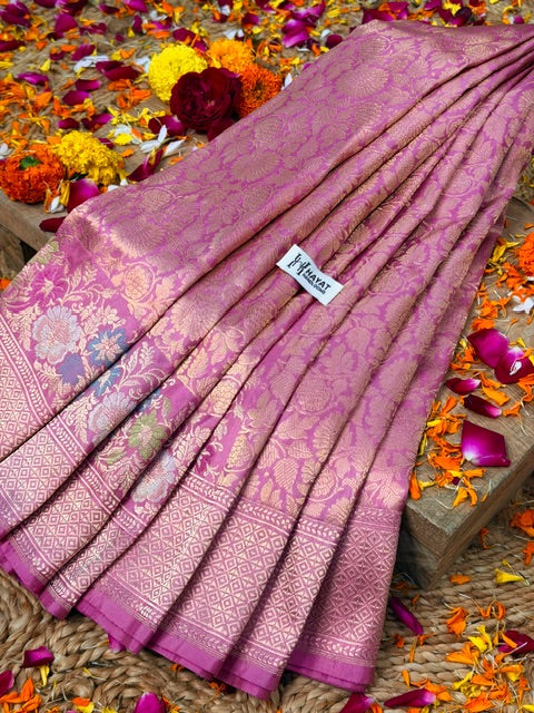 Dusty Rose Pink Pure katan silk handvowen banarasi saree