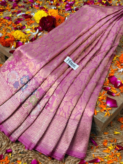 Dusty Rose Pink Pure katan silk handvowen banarasi saree