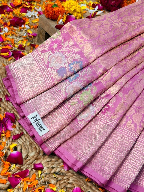 Dusty Rose Pink Pure katan silk handvowen banarasi saree