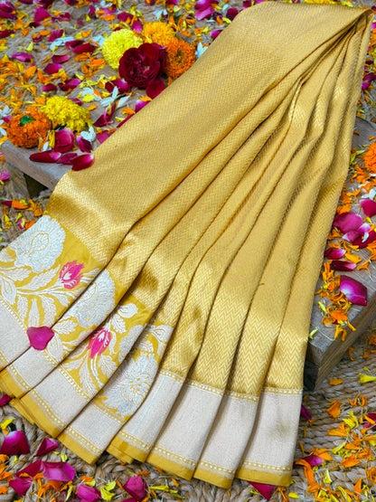 Mango Yellow Pure katan silk handvowen banarasi saree
