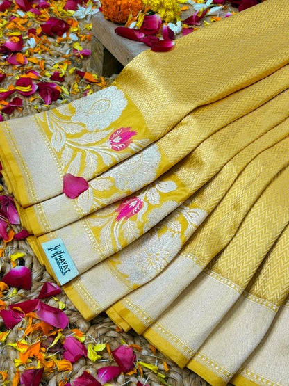 Mango Yellow Pure katan silk handvowen banarasi saree