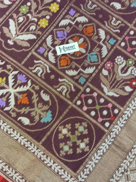 Coffee brown Banarasi cotton Jamdani handloom Saree