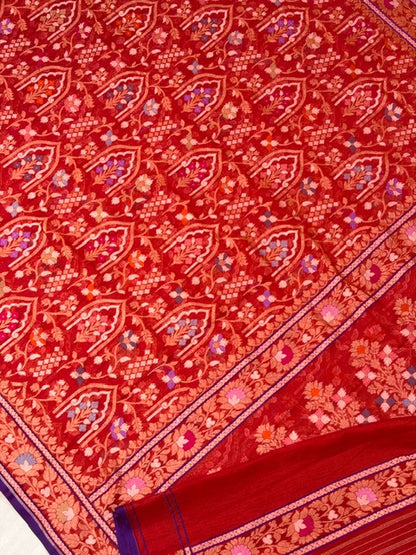 Red Banarasi cotton Jamdani handloom Saree