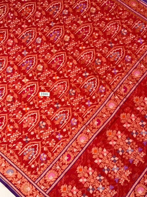 Red Banarasi cotton Jamdani handloom Saree