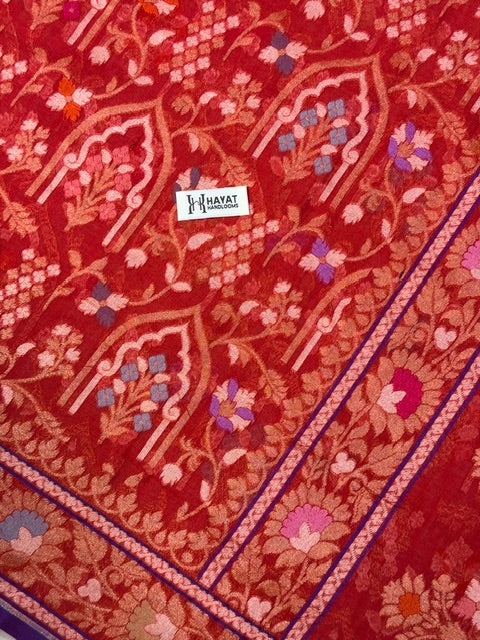 Red Banarasi cotton Jamdani handloom Saree