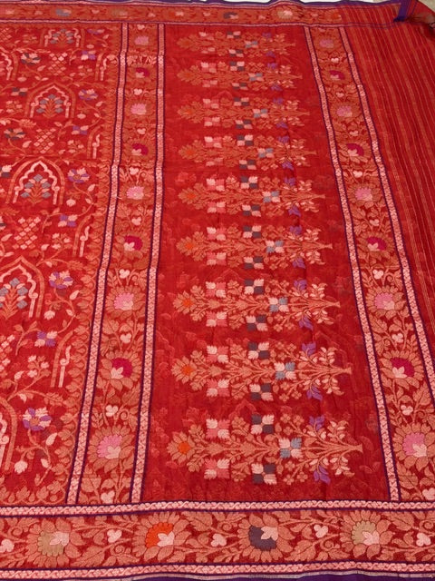 Red Banarasi cotton Jamdani handloom Saree