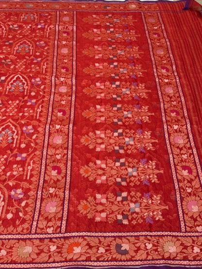 Red Banarasi cotton Jamdani handloom Saree