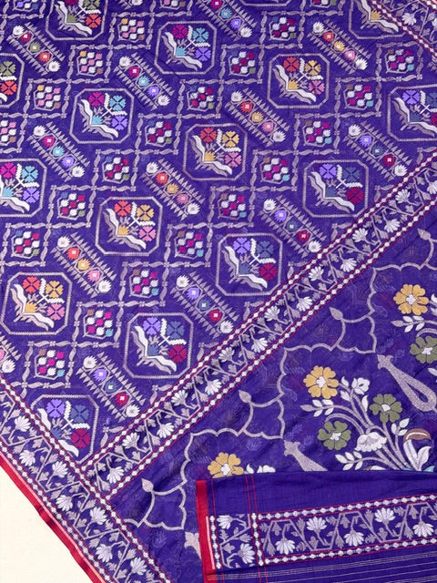 Purple Banarasi cotton Jamdani handloom Saree