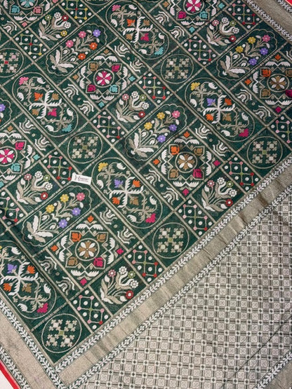 Forest green Banarasi cotton Jamdani handloom Saree