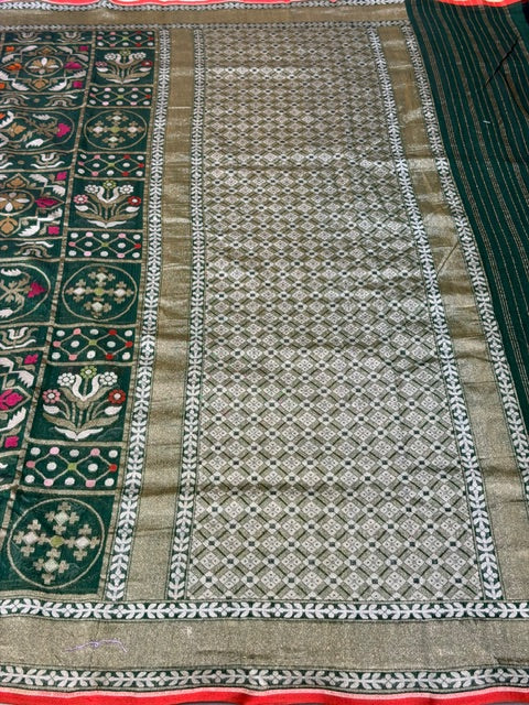 Forest green Banarasi cotton Jamdani handloom Saree