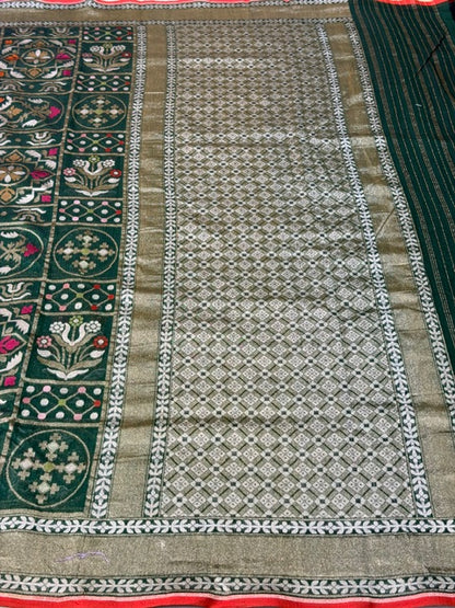 Forest green Banarasi cotton Jamdani handloom Saree