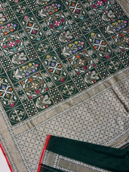 Forest green Banarasi cotton Jamdani handloom Saree