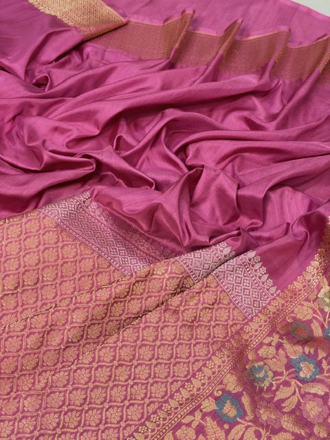 Dusty Rose Pink Pure katan silk handvowen banarasi saree