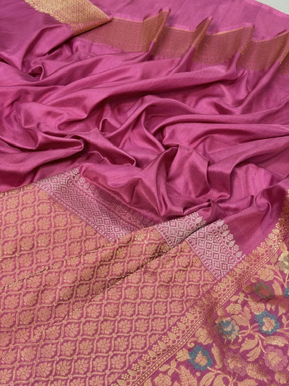 Dusty Rose Pink Pure katan silk handvowen banarasi saree