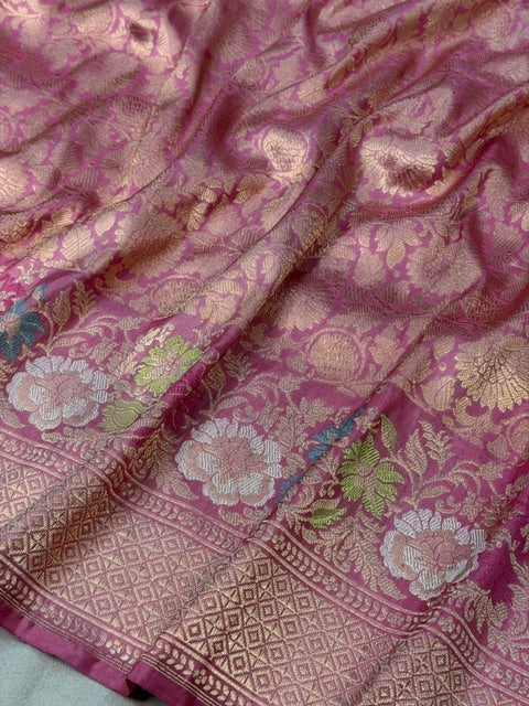 Dusty Rose Pink Pure katan silk handvowen banarasi saree