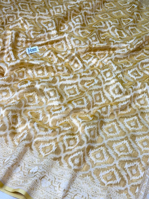Cream Beige Pure kora tissue Handloom banarasi saree