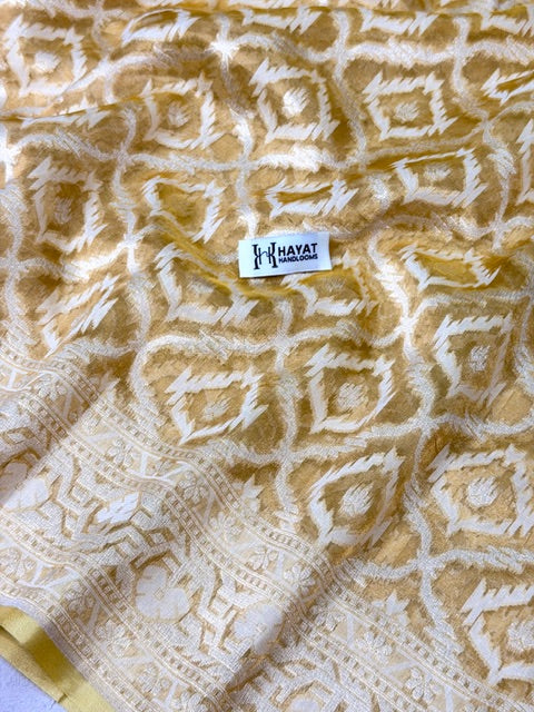 Cream Beige Pure kora tissue Handloom banarasi saree