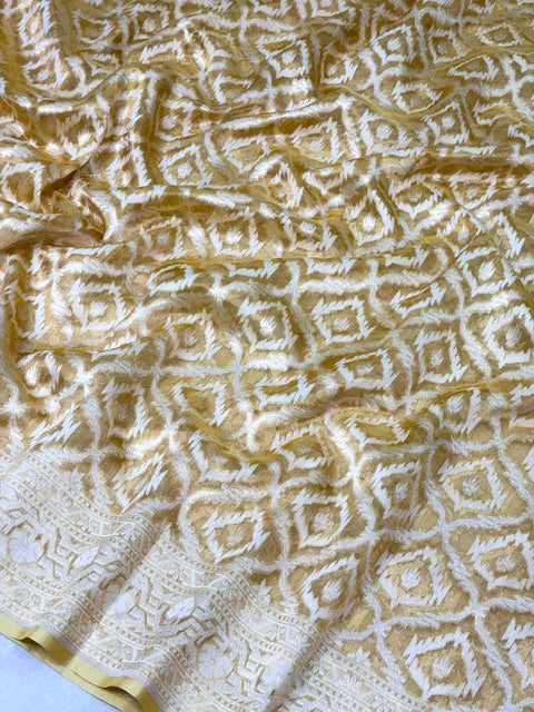 Cream Beige Pure kora tissue Handloom banarasi saree