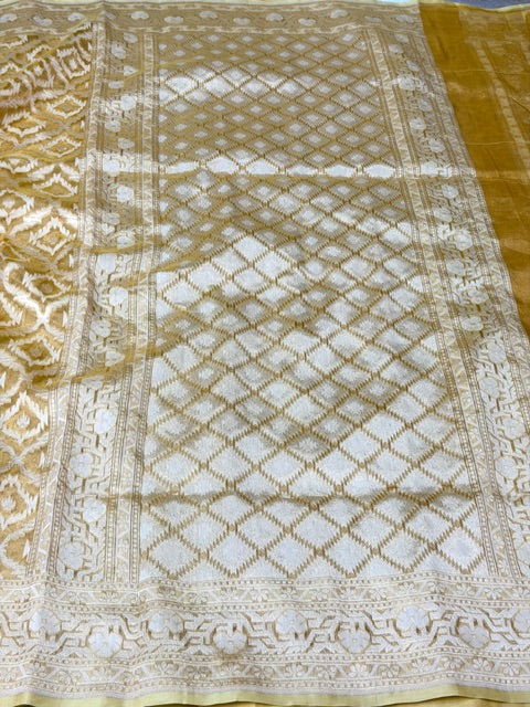 Cream Beige Pure kora tissue Handloom banarasi saree