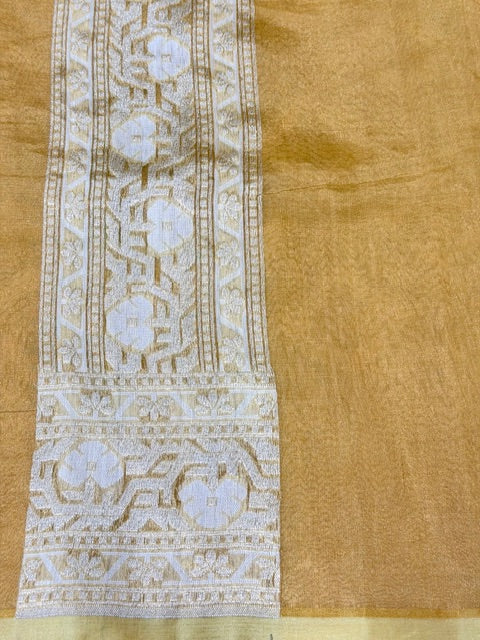 Cream Beige Pure kora tissue Handloom banarasi saree