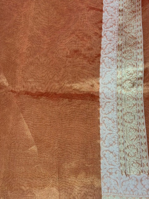 Rust Brown Pure kora tissue Handloom banarasi saree