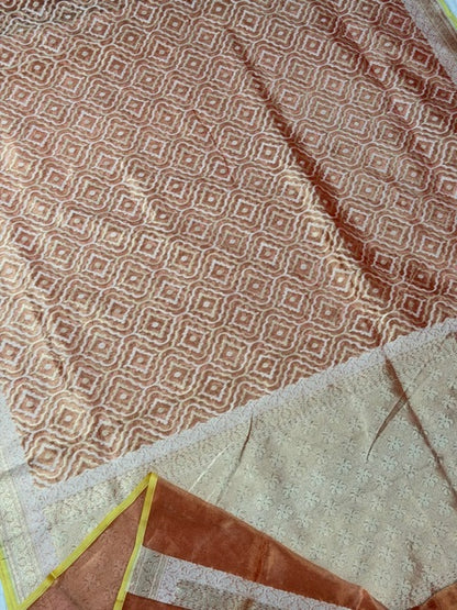 Rust Brown Pure kora tissue Handloom banarasi saree