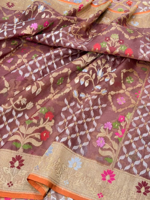 Brown Banarasi Kora Jamdani Silk Handwoven Saree