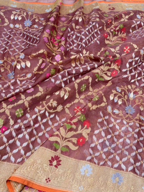 Brown Banarasi Kora Jamdani Silk Handwoven Saree