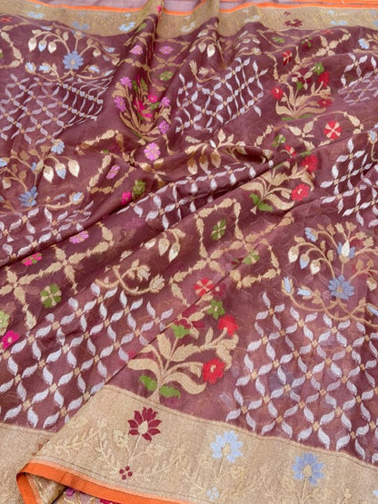 Brown Banarasi Kora Jamdani Silk Handwoven Saree