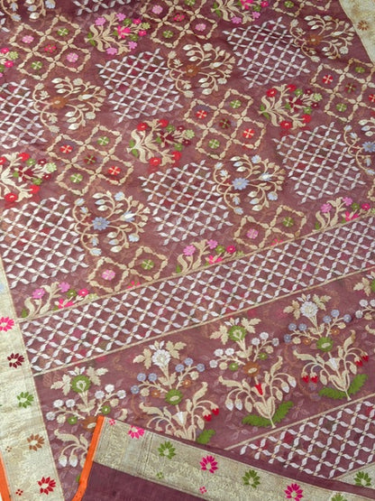 Brown Banarasi Kora Jamdani Silk Handwoven Saree