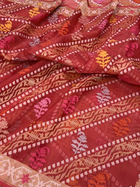 Red Banarasi Kora Jamdani Silk Handwoven Saree