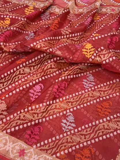 Red Banarasi Kora Jamdani Silk Handwoven Saree